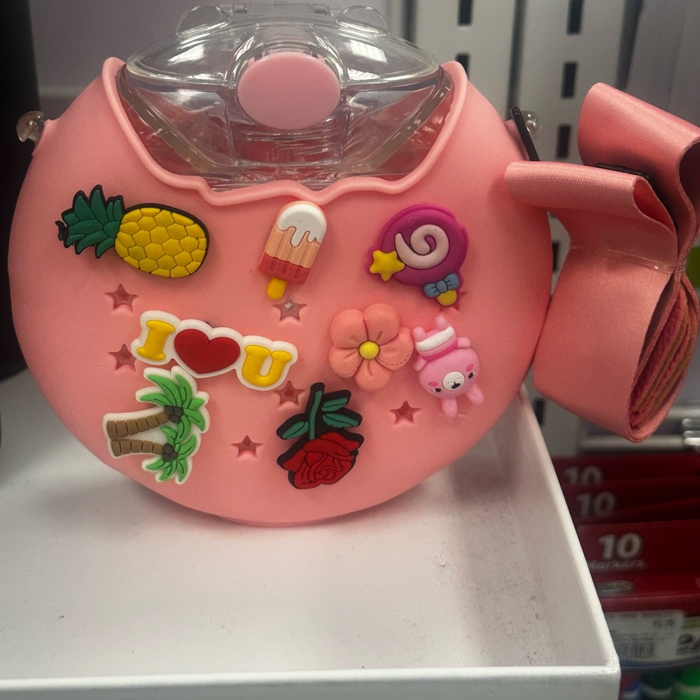 Charming Pink water bottle with straw Kids Bag with Fun Charms crossbody strap